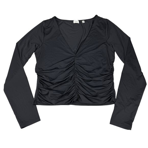 WILFRED Aritzia Bistro Soft-Shine Jersey V-Neck Ruched Long Sleeve Sz Large - Picture 2 of 6